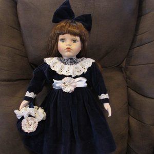 PREMIER PORCELAIN 19" DOLL WITH RED HAIR & VELVET NAVY DRESS #205